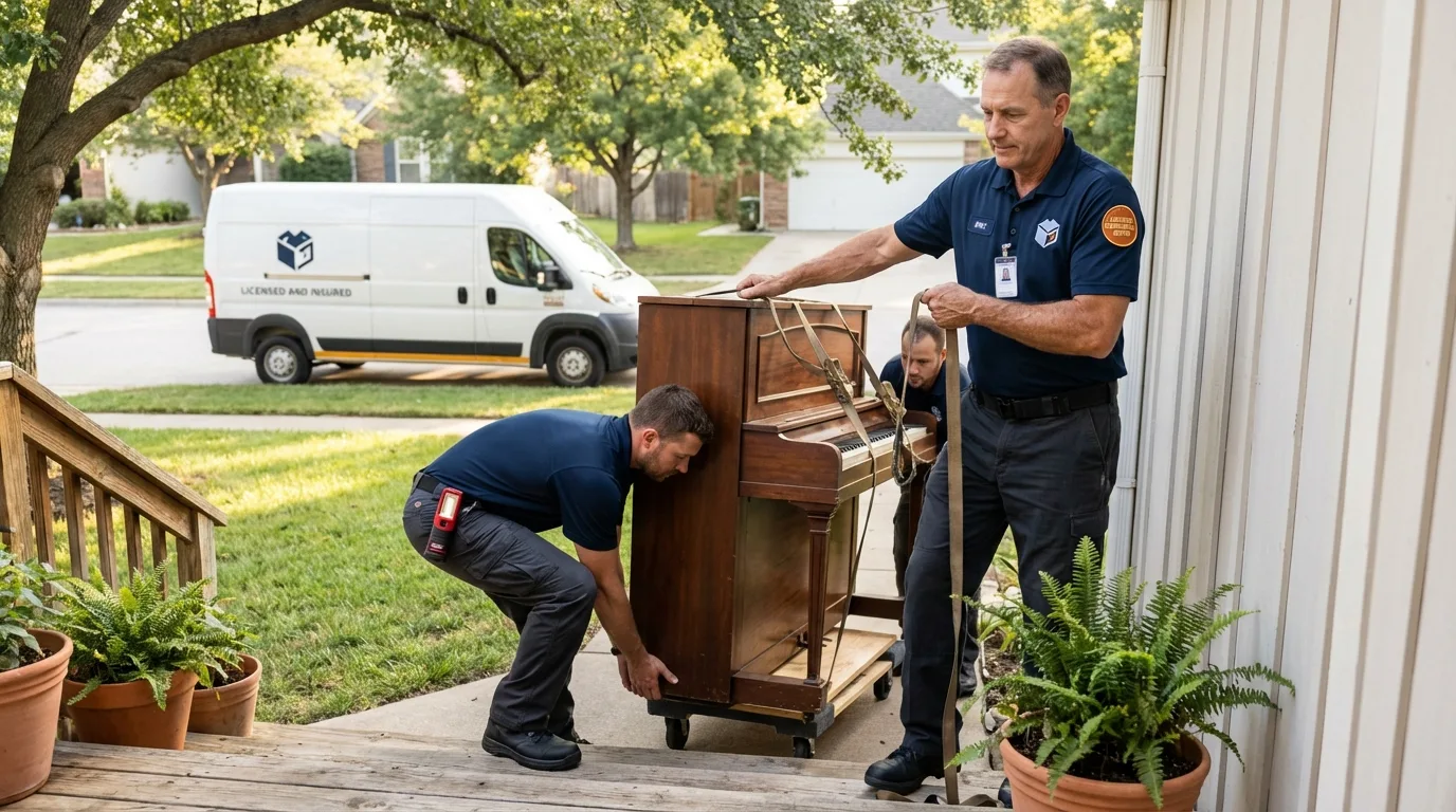 Licensed piano movers securing grand piano in Bayfield, CO