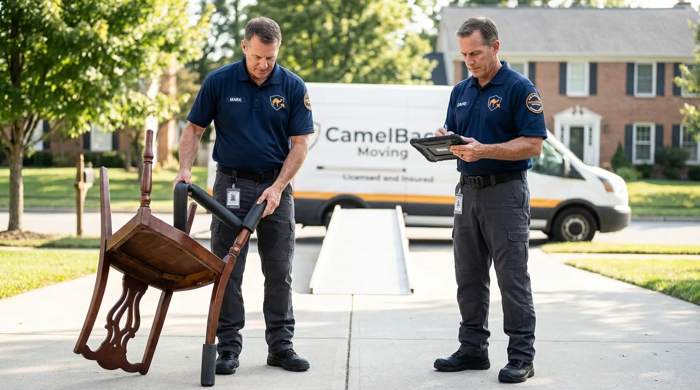 Movers inspecting furniture for damage prevention before loading in Bayfield, CO