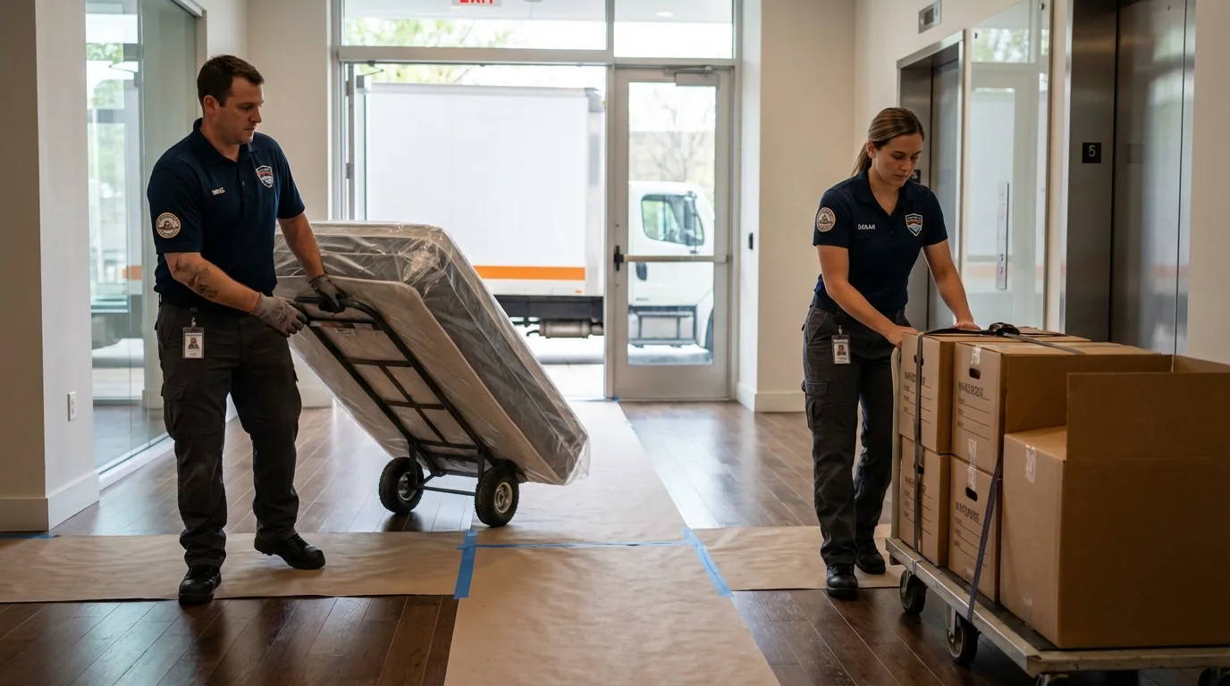 Professional apartment movers loading elevator in Bayfield, CO